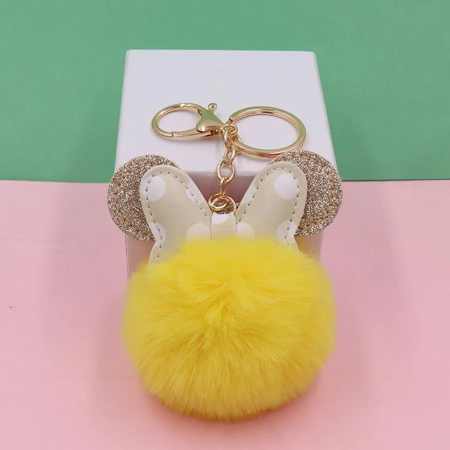 Cute Pompom Key Chains Jewelry Accessories Polka Dot Bow Mouse Design Fluffy Faux Rabbit Fur Ball Keychains Women Girls Car School Bag Key Rings Charm Keyrings