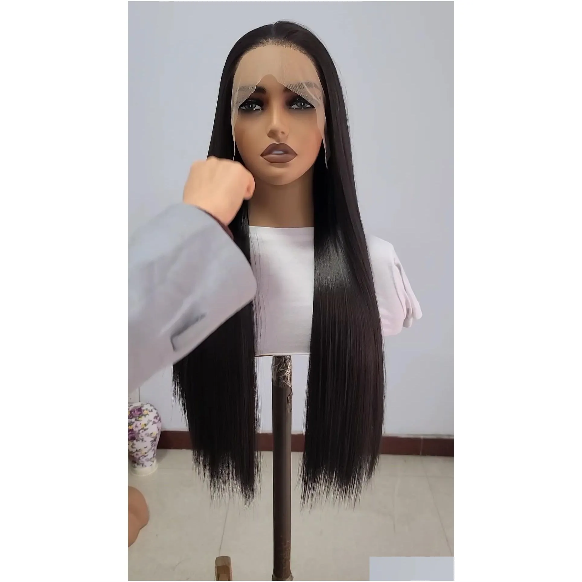 Lace front wig natural color long straight hair chemical fiber high temperature silk matte synthetic lace wig daily wear Korean high temperature fiber wig