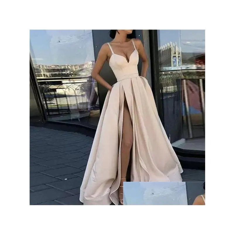 Basic & Casual Dresses Boutique Ocn V-Neck Satin Evening Gown With Thin Shoder Straps Side Slit Prom Dress High Drop Delivery Apparel Dh68D