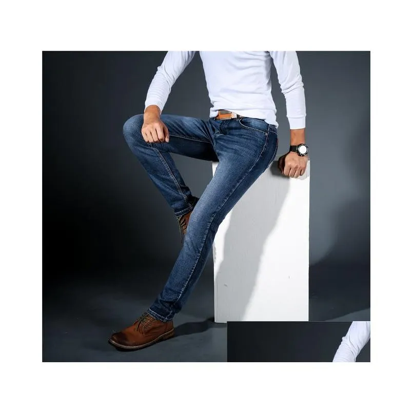Men`S Jeans Mens 2021 Cholyl Men Midweigth Stretch Spandex Denim Slim Fit Pants For Business Jean Blue And Black Colors Drop Delivery Dh2Ju