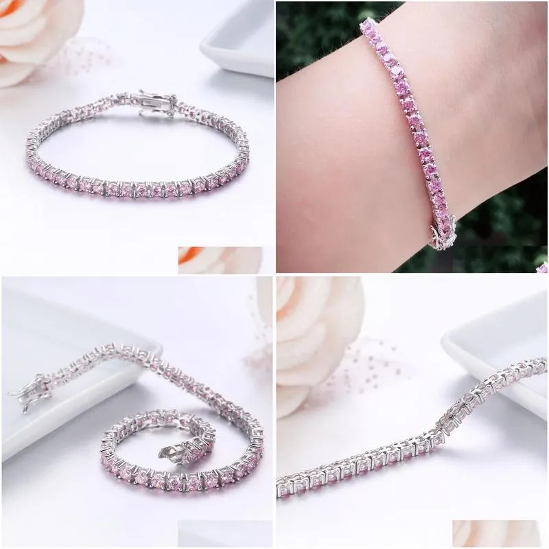 bangle 3mm 925 sterling silver cluster round pink cz ziron tennis bracelets women pulseras pulseira bracelete jewelry girl friend gift