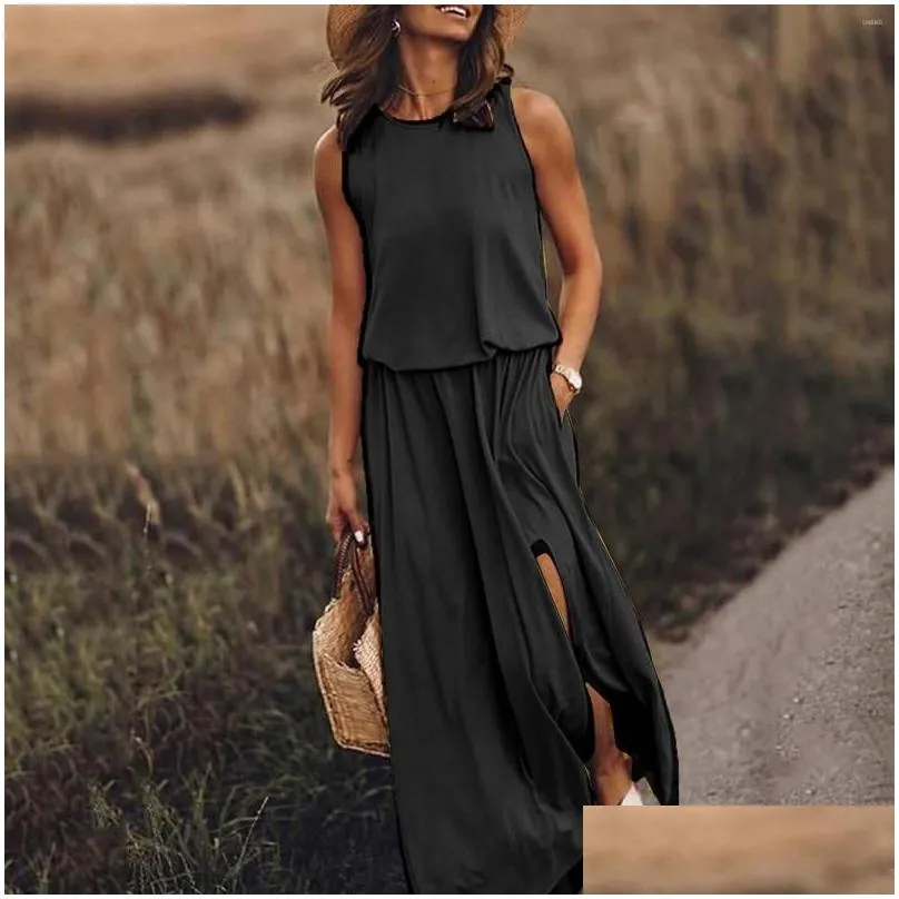 Basic & Casual Dresses Sleeveless Long Maxi Dress Women Summer Y Side Slit Designer Style Fashion Sundress Female Drop Delivery Appar Dhdyd