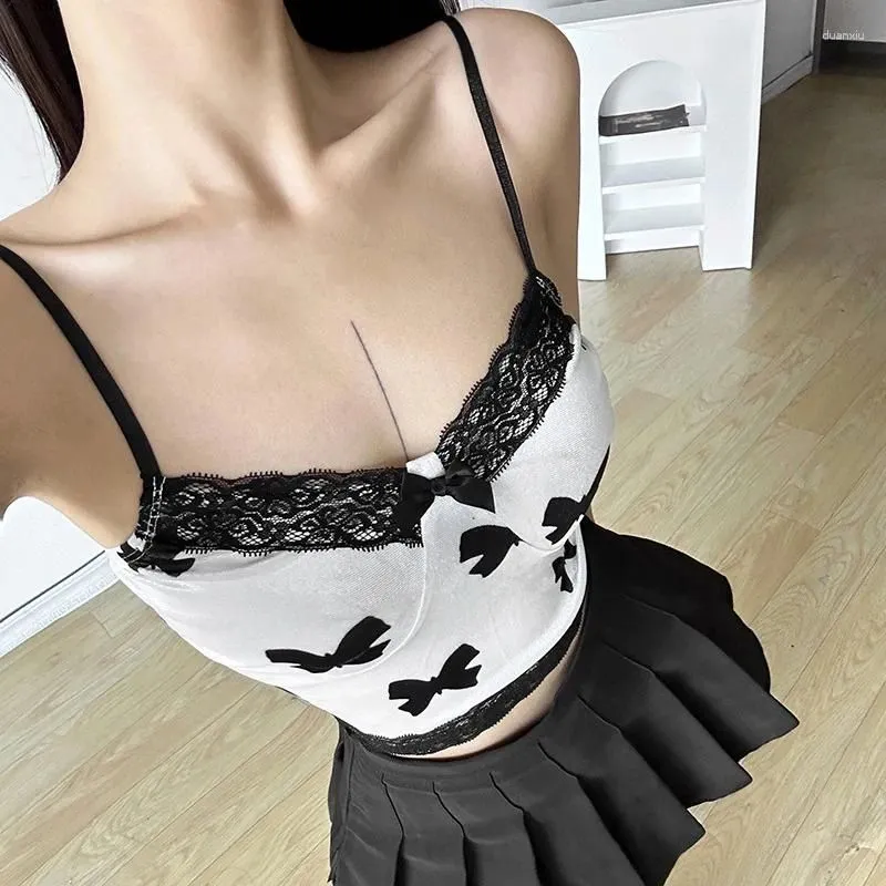 Women`s Tanks Sexy Bow Print Corset Tops Japanese 2000s Style Y2k Black Lace Crop Vest Coqueclothes Tank Tube Top And White Camisas