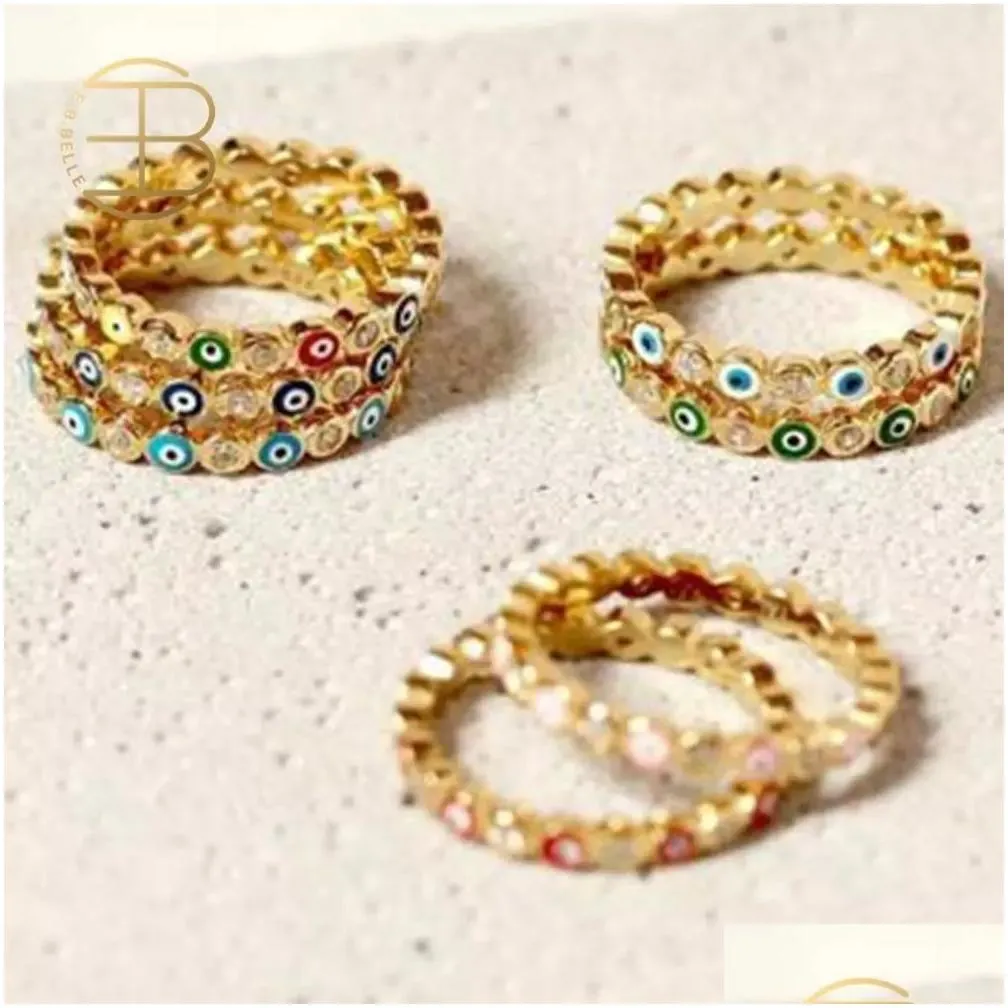 With Side Stones Bohemian Rainbow Evil Eye Rhinestone Filled Gold Rings Vintage Ladies Midi Kunle Finger Ring Jewelry For Drop Delive Dh9Ef