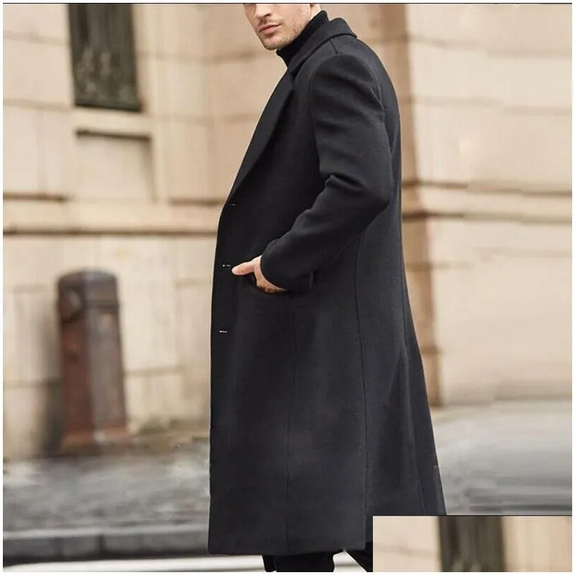 Men`S Wool & Blends Mens Fashion Single Breasted Long Coat Men Thicken British Style Solid Color Fashionable Warm Woolen Overcoat 3 Dr Dhtb2