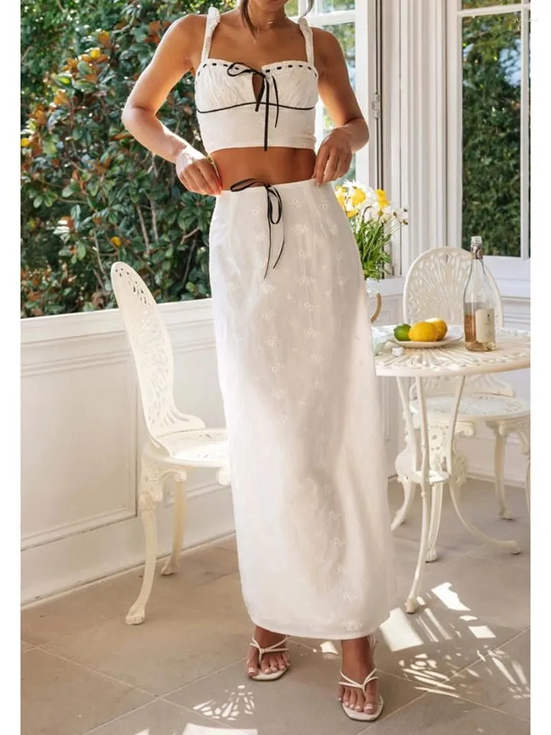 Work Dresses Women Vacation 2 Piece Skirt Outfits Summer Sleeveless Crop Tank Top High Waisted Ruffle Maxi Beachwear