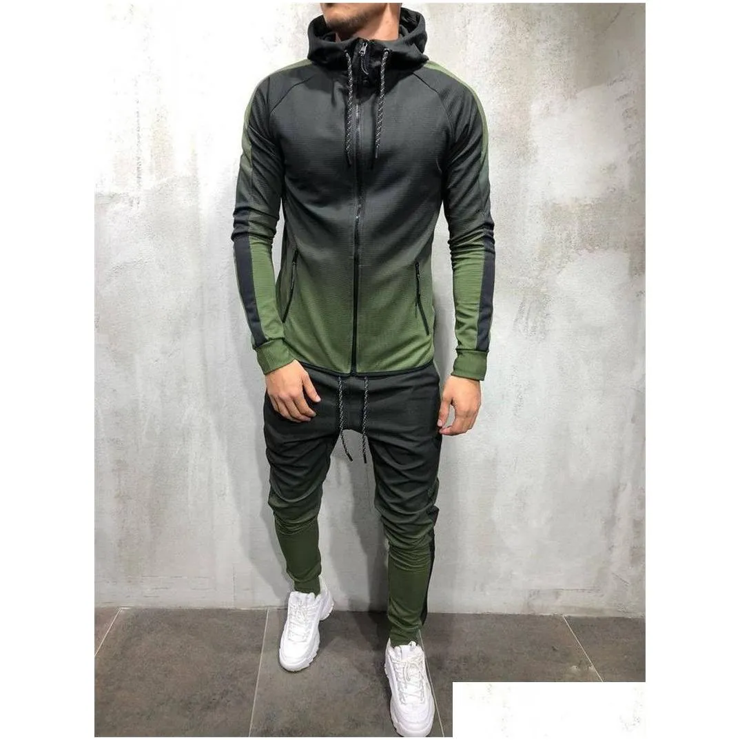 Men`S T-Shirts Mens Tracksuits Long Sleeve Hooded Jakcets Gradient Fitness Running Sweater Suit Pants Fashion High Quality Drop Delive Dhqi4