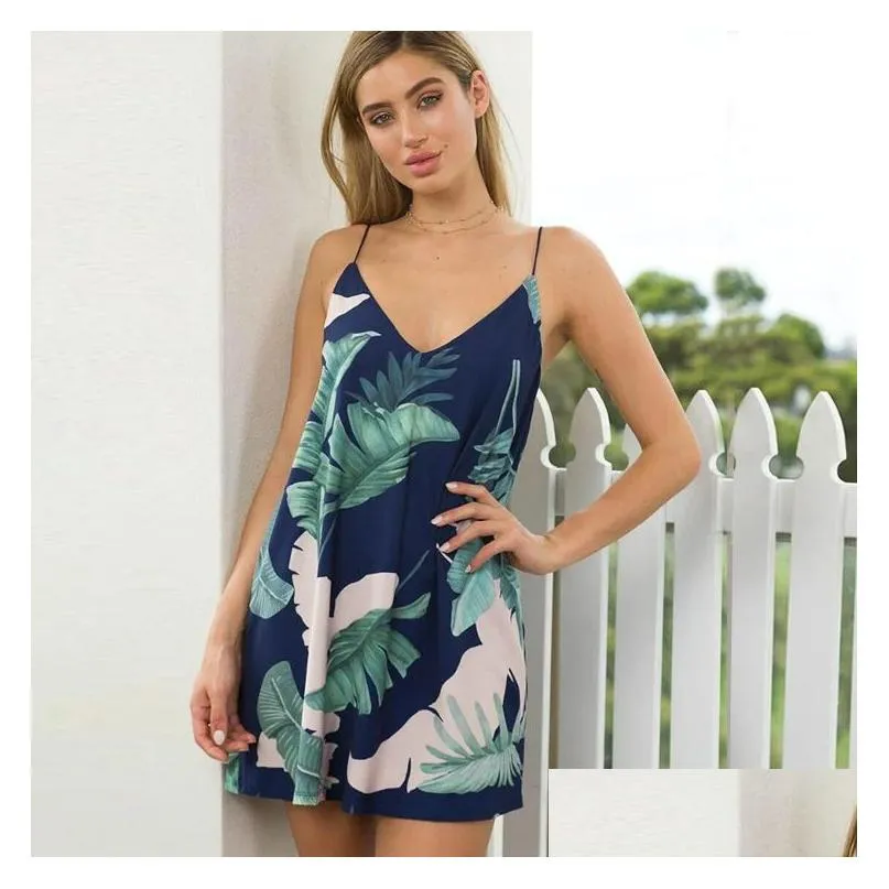 Basic & Casual Dresses Eur Holiday Short Dress Fashion Leaf Printed Strapless V Neck Y Beach Mini Boho For Summer Drop Delivery Appar Dhjhg