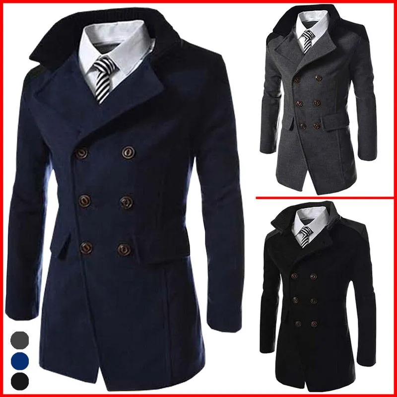 Men`s Wool & Blends Sale Autumn Long Coat Men Fashion Turn-down Collar Blend Double Breasted Pea Jacket Overcoats