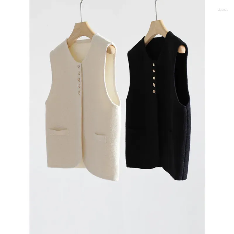 Women`s Vests Autumn Gold Bean Button Knitted Cardigans Women Round Neck Sleeveless Straight Tops