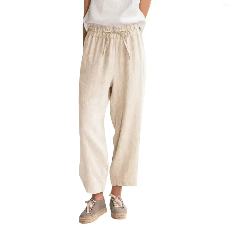 Women`s Pants Summer Solid Color Casual Loose Pocket Cotton Linen Nine Minute Pantalones De Mujer Ropa