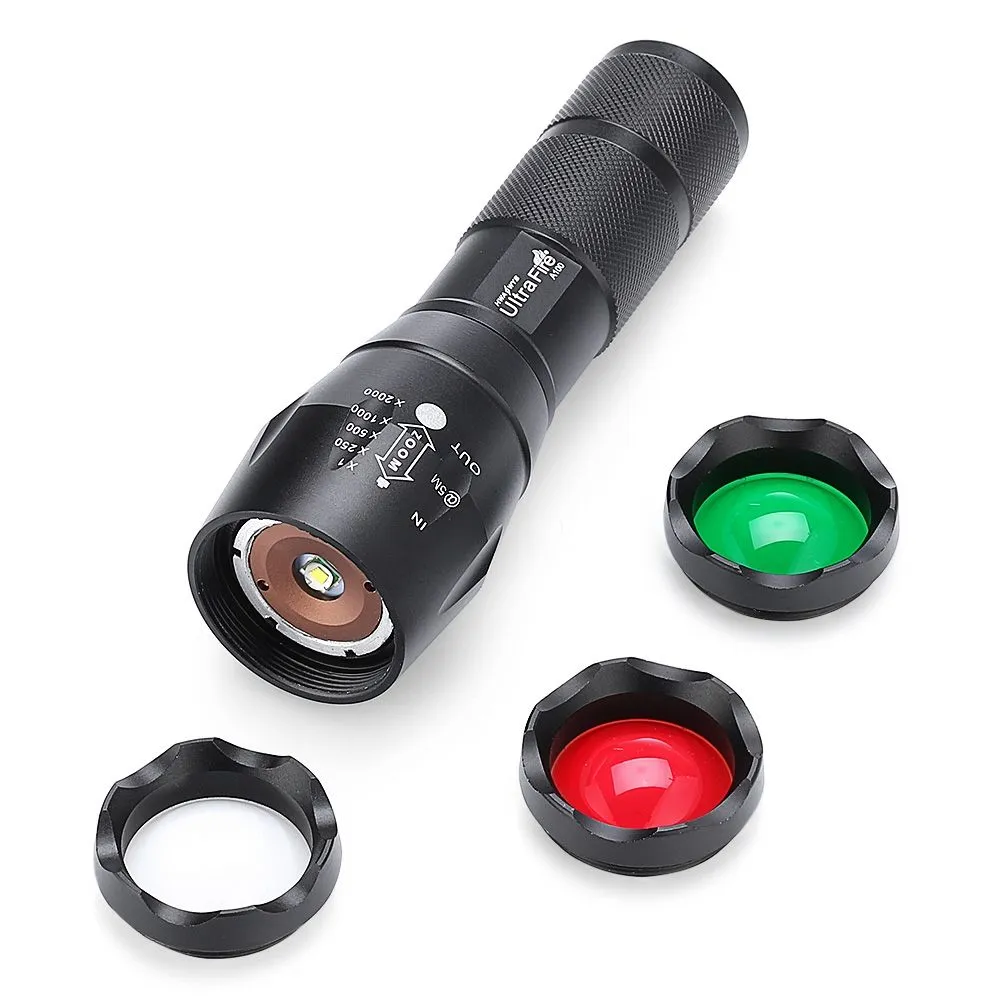 UltraFire A100 XML - T6 6500 - 7000K 600Lm Zoomable 5 Mode Tactical Flashlight with Two Lens and A Clip