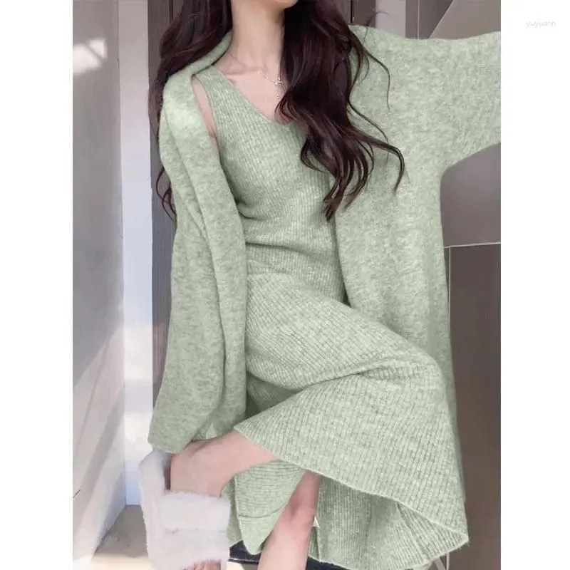 Work Dresses Autumn Green Knitted Sweater Dress Set Women Korean Fashion Long Sleeve Cardigan Coat A-line Two Piece