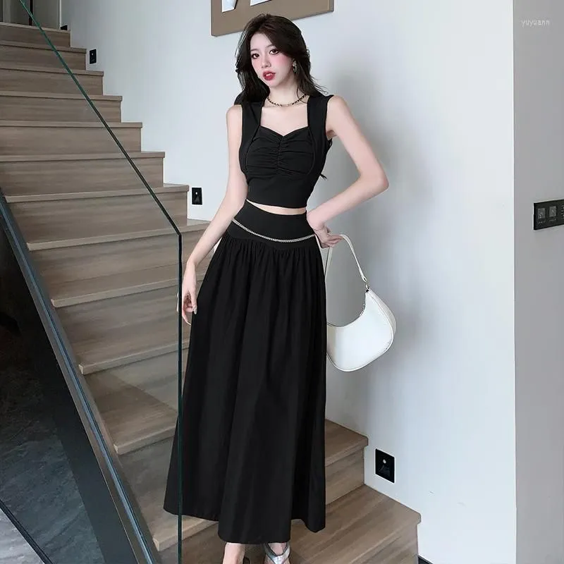 Work Dresses Two Piece Skirt Set Women`s Suit Y2k Clothes Summer 2023 Sexy Outfit Cropped Top And Midi Chic Elegant Female Clothing