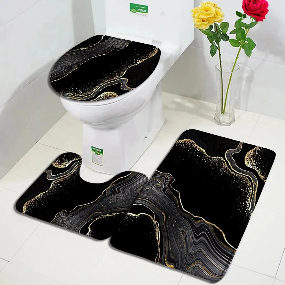 Mats Abstract Marble Bath Mat Set Grey Gold Textured Pattern Modern Minimalist Bathroom Decor Carpet NonSlip Rugs Toilet Lid Cover