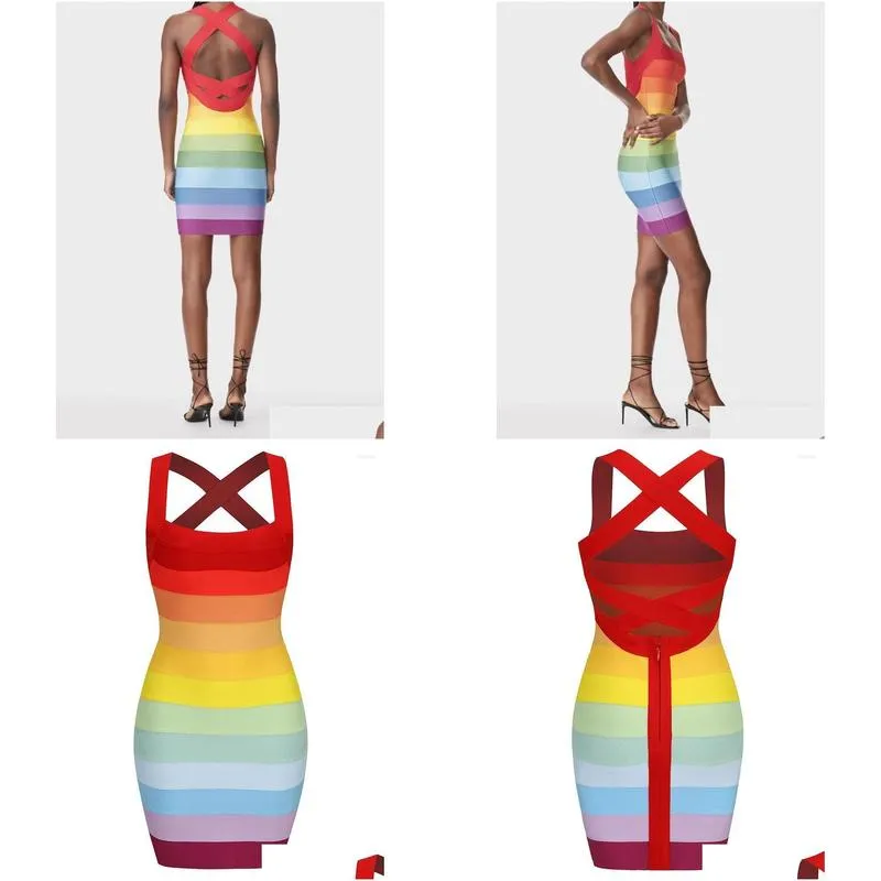 Basic & Casual Dresses Rainbow Bandage Dress Halter Backless Short Party Bodycon Elegant Y Evening Birthday Club Outfit 2023 Year Sum Dhw7M