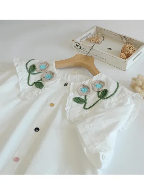 Women`s Blouses Lamtrip Unique Knitting Flowers Stitch Sailor Collar Colorful Button Cotton Short Sleeve Blouse Women Mori Shirt 2023
