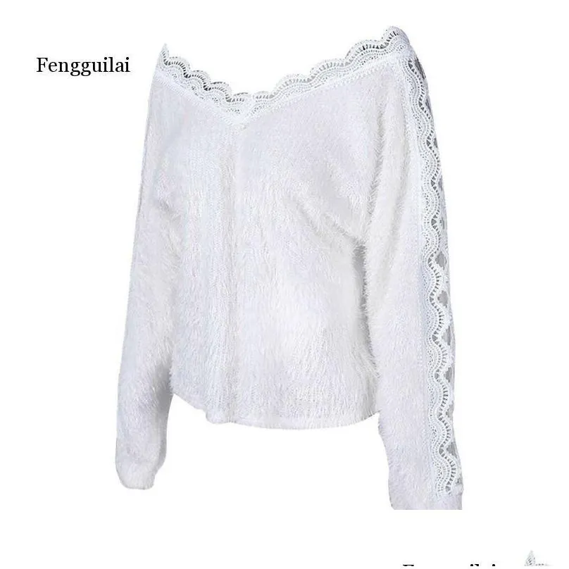 Women`S Sweaters Ladies Y Sweater Women V-Neck Lace Plover Long Sleeve Solid White Jumper Warm Winter Autumn Latest Drop Delivery App Dhwvq