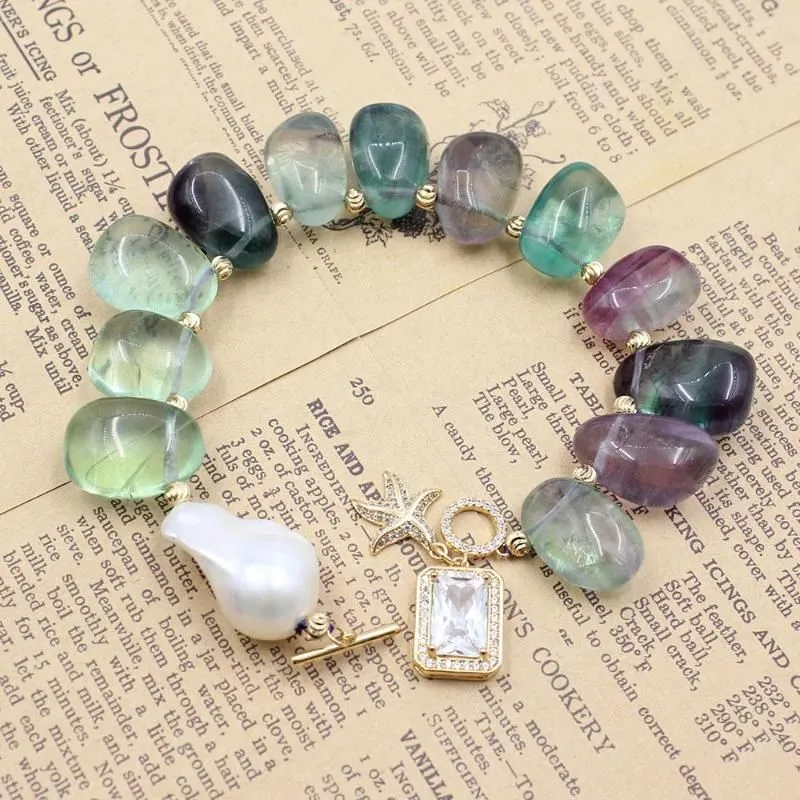 Strand GuaiGuai Jewelry Natural Baroque Pearl Green Fluorite Bracelet CZ Pave Gold Plated Starfish Square Crystal For Women