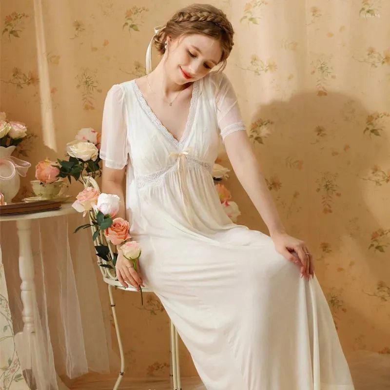 Women`s Sleepwear French Princess Nightdress Summer Girl Short Sleeve Long Lace Sexy Pure V-neck Modal Pajamas With Chest Pads