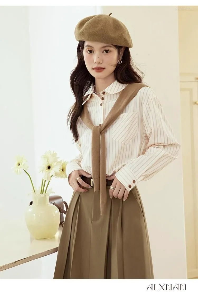 Women`s Blouses French Stripe Shirt Apricot Color Elegant Design Casual Slim Doll Collar Long Sleeve Fashion Female Shirts Office