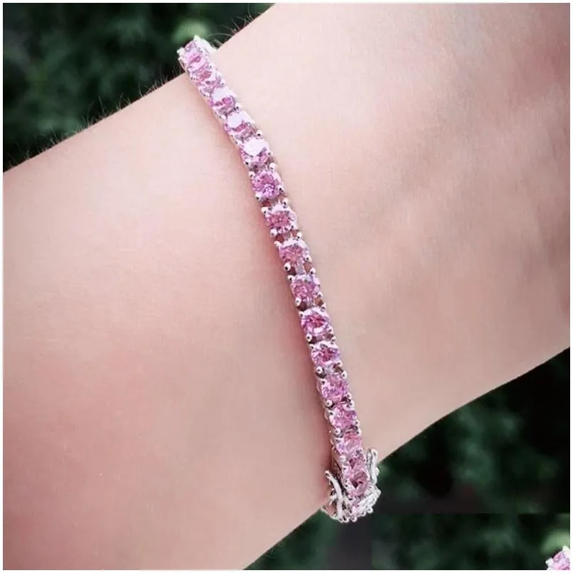 bangle 3mm 925 sterling silver cluster round pink cz ziron tennis bracelets women pulseras pulseira bracelete jewelry girl friend gift