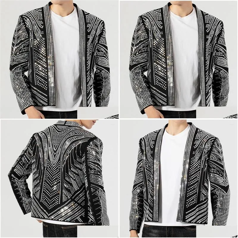 Men`S Jackets Mens Black Fl Rhinestones Jacket Men Coat Drill Punk Club Outfit Jaqueta Bomber Diamond Drop Delivery Apparel Clothing O Dhkvw