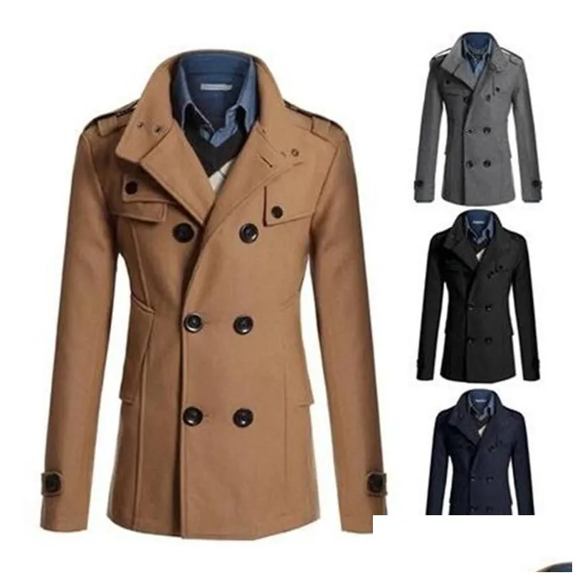 Men`S Wool & Blends Mens England Vintage Coat For Men Slim Jacket Outerwear Double Breasted Cotton Trench Winter Thick Overcoat Drop D Dhi4M
