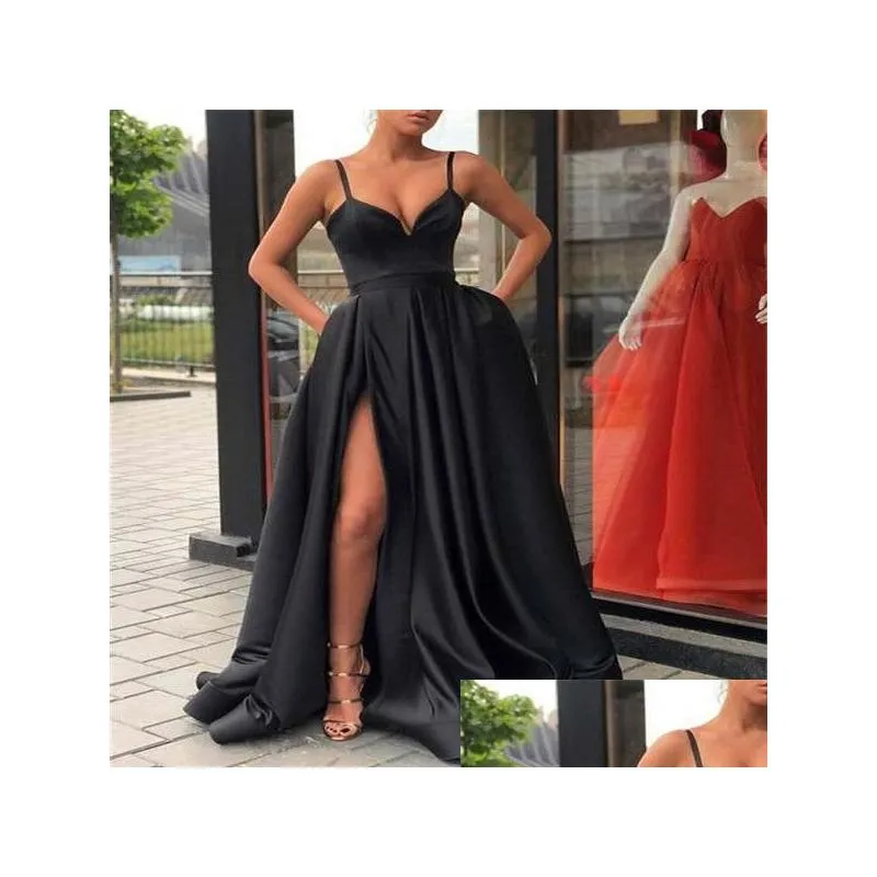 Basic & Casual Dresses Boutique Ocn V-Neck Satin Evening Gown With Thin Shoder Straps Side Slit Prom Dress High Drop Delivery Apparel Dh68D