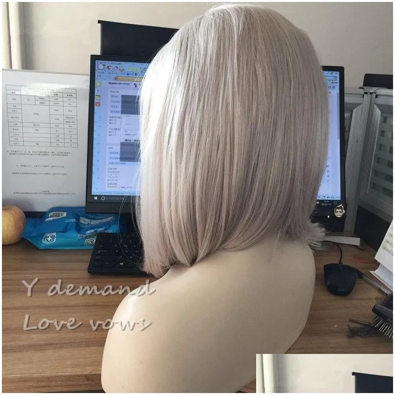 Short Bob Hair Silver Platinum Blonde Lace Front Lace Wigs Synthetic Ash Blonde Straight Heat Resistant Fiber Wigs Middle Parting