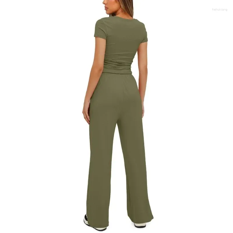Women`s Two Piece Pants Modern Women 2 Set Breathable Crop Top And Wide Leg Simple Short Sleeve High Waist Trousers With Pockets