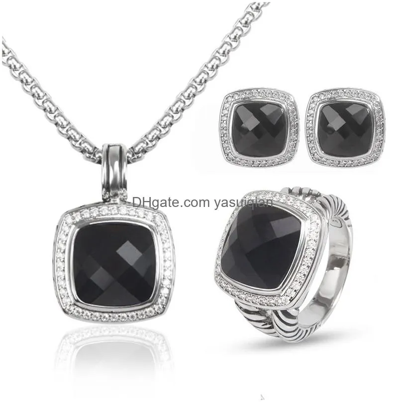 Bracelet, Earrings & Necklace Set Amethyst 14Mm Jewelry For Women Sets Zircon Pendant Drop Delivery Dht7G