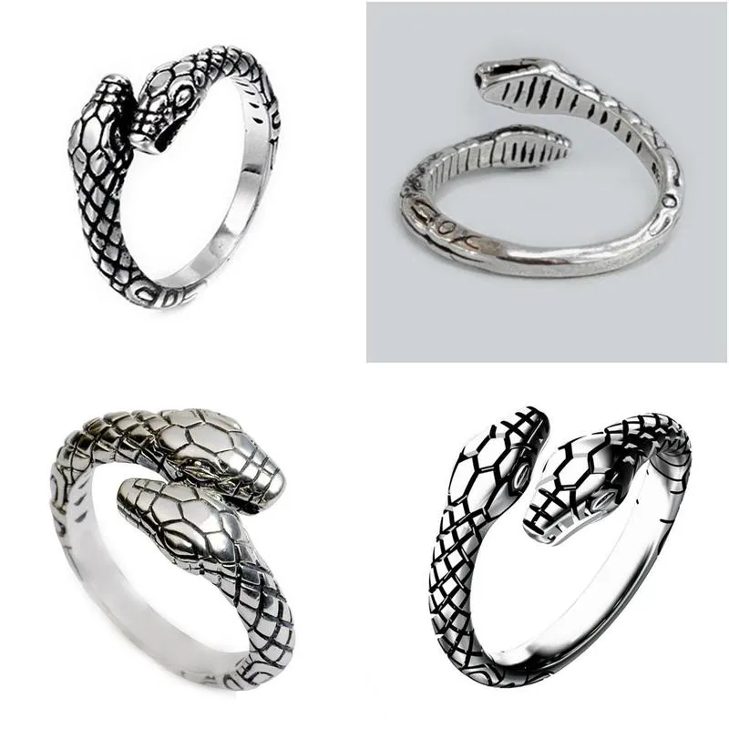 Band Rings Vintage Men Womens Opening Resizable Double Head Snake 925 Sier Punk Hip Hop Jewelry Rap Rock Cture Animals Shape Ring Dro Dhnru