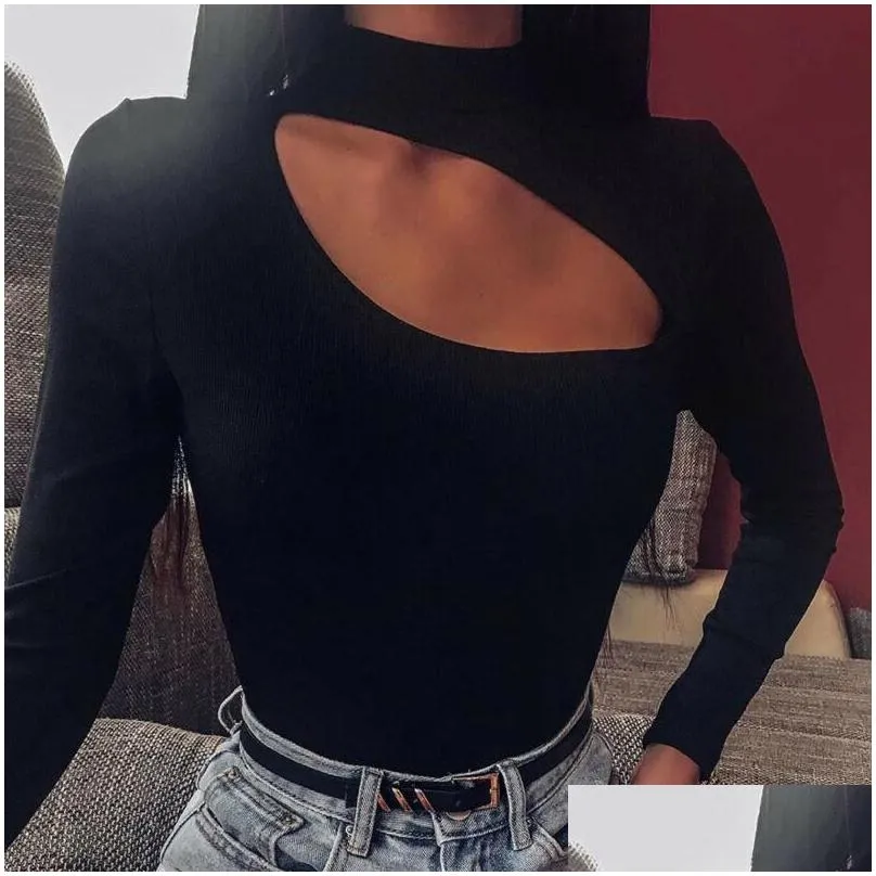 Women`S Jumpsuits & Rompers Womens 2021 Cut-Out Front Bodysuit Women Y Bodycon Skinny Body Suit Mock Neck Long Sleeve Playsuit Black Dh5Rn