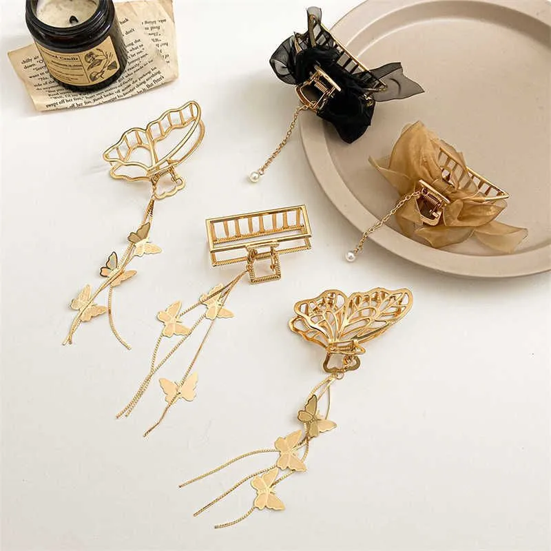 Hair Clips Barrettes Butterfly Claw Vintage Long Pendant Elegant Gold Color Geometric Hairpins Crab for Women Accessories Z0607