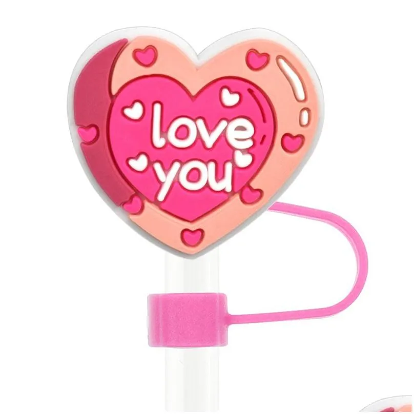 colorful lover heart straw cap 10mm soft rubber straw decoration love buckle detachable dust cap straw plug