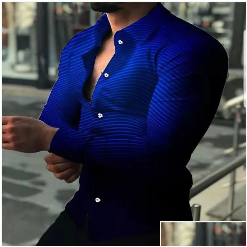 Men`S T-Shirts Mens Shirt Long Sleeve Hawaiian Social Luxury Button Cardigan Linen Blouse Single Breast Turn-Down Collar For Men Cloth Dhyxj