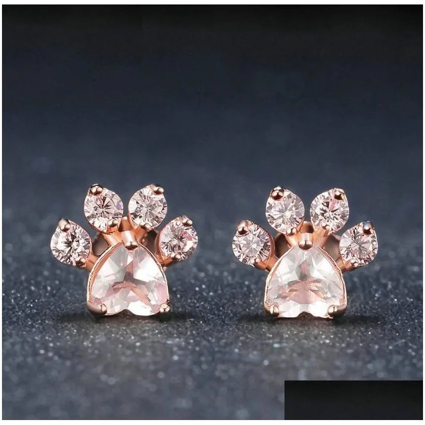 Stud Trendy Cute Cat Paw Earrings For Women Fashiong Rose Gold Earring Pink Claw Print Bear And Dog Drop Delivery Jewelry Dh7Hb