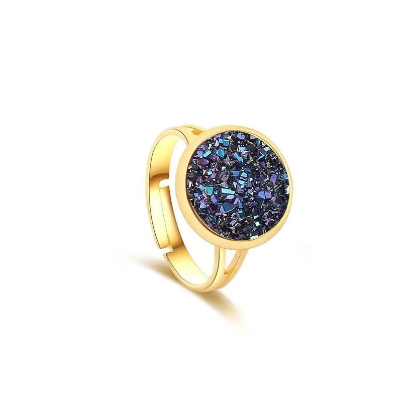 With Side Stones Fashion Jewelry Luxury Sier Gold Druzy Ring 12Mm Bling Round Resin Stone Adjustable Rings For Women Ladies Jewellry Dhc5K