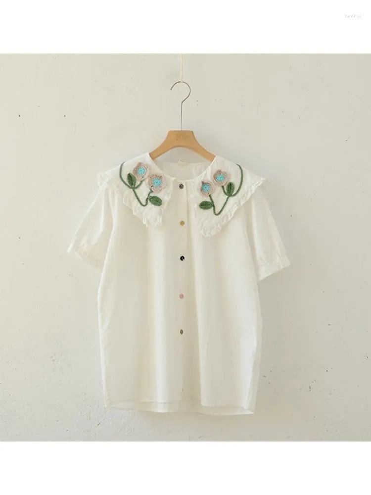 Women`s Blouses Lamtrip Unique Knitting Flowers Stitch Sailor Collar Colorful Button Cotton Short Sleeve Blouse Women Mori Shirt 2023