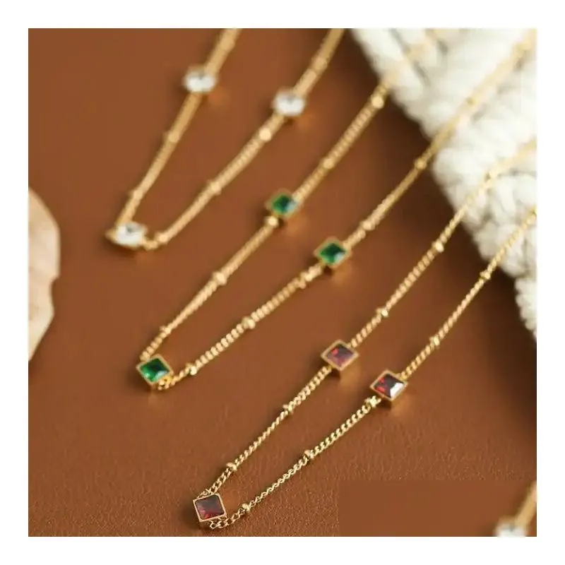 Chokers Luxury 18K Real Gold Plated Emerald Choker Stainless Steel Green Cubic Zirconia Cz Square Crystal Necklaces Vintage Necklace D Dhdkj