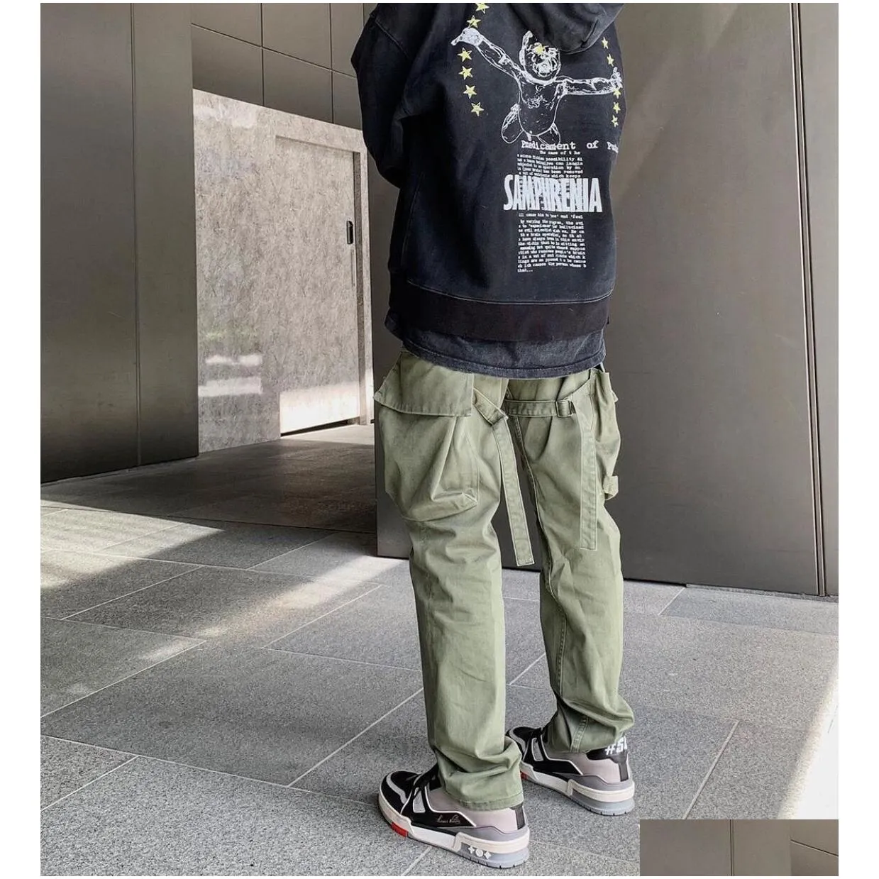 Men`S Pants Army Green Mens Vujade Cargo Pocket Ribbon Overalls Straight Casual Fashion Fitness High Street Drop Delivery Apparel Clo Dhcy3