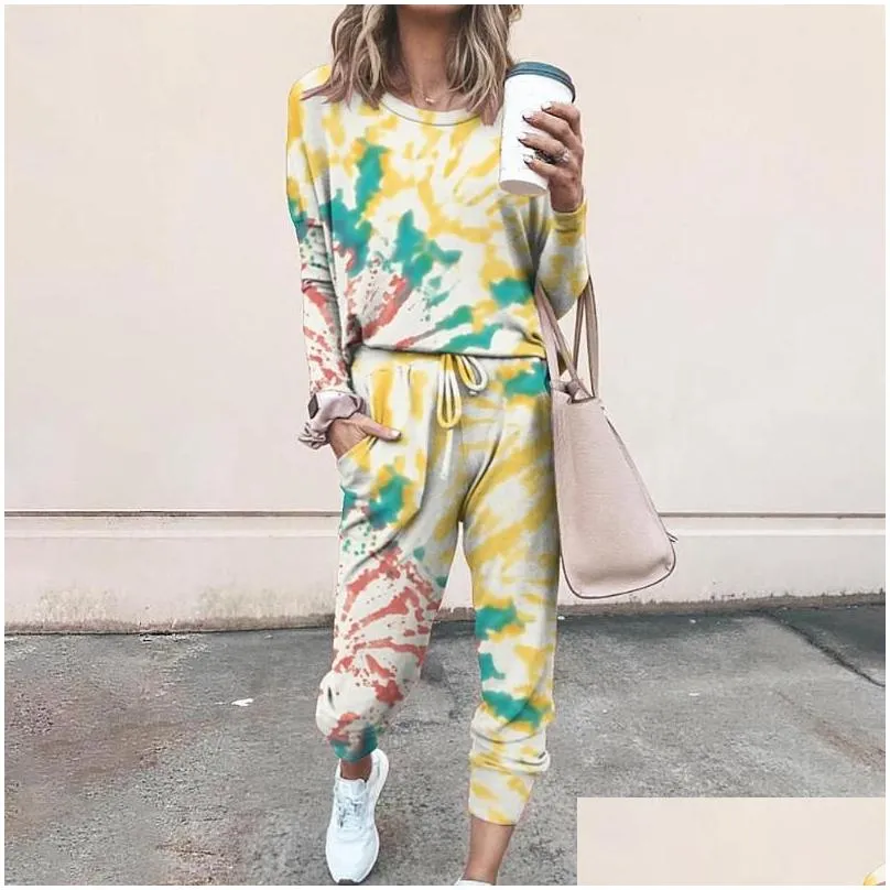 Women`S Two Piece Pants Womens Autumn Tracksuit Set Tie Dye Sets Female Casual Outfits Joggers Sportsuit Loose Sweatpants Matching Pl Dhder