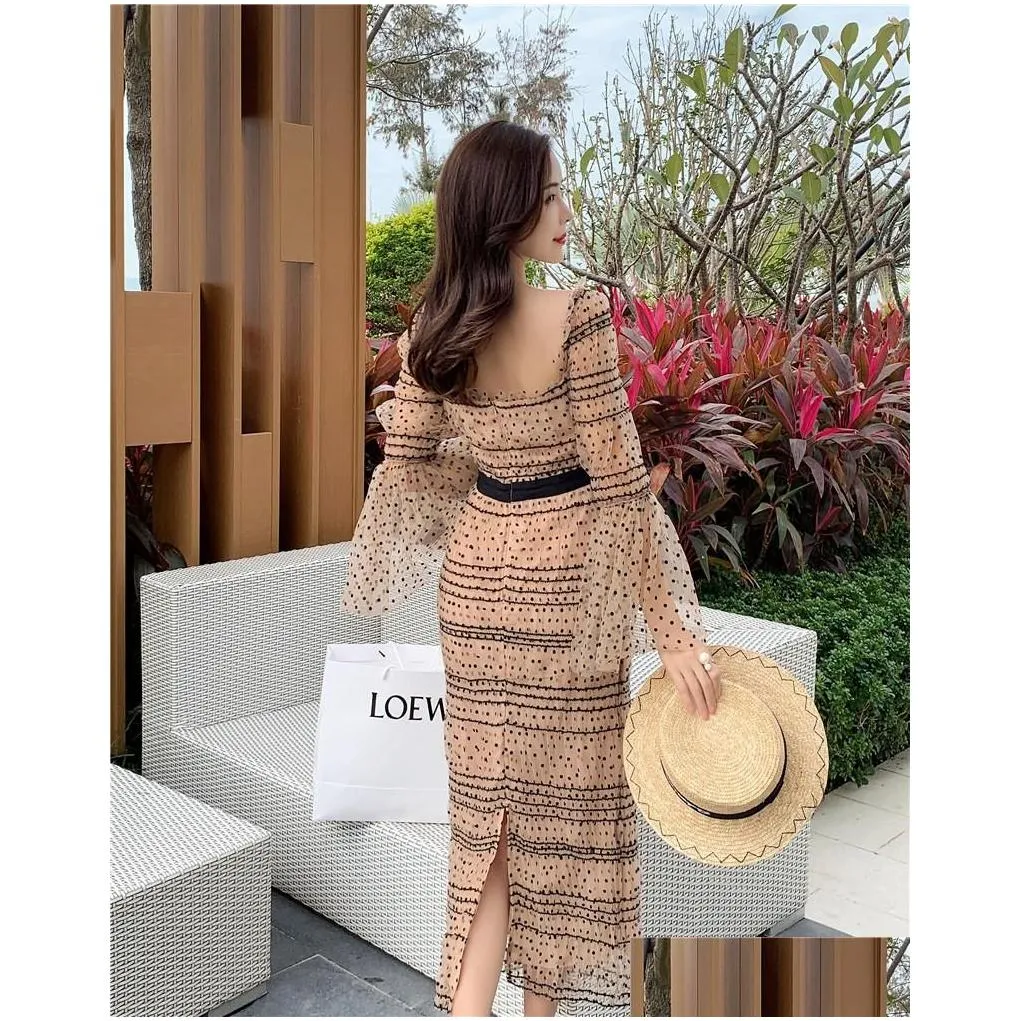 Basic & Casual Dresses Self-Portrait Runway Women Polka Dot Mesh Long Dress Spring Flare Sleeve Square Tunic Collar Elegant Party Ves Dhkzt