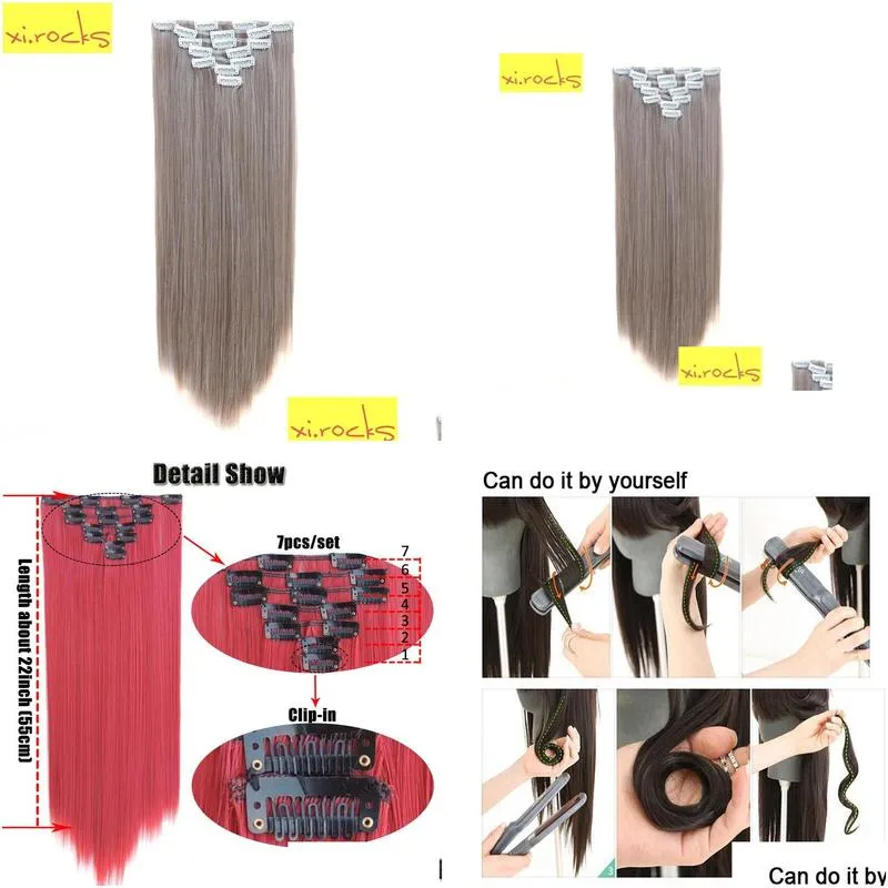 qjz13055 1p Xi.rocks Clip Hair Extensions Synthetic Extension Colors Straight Clips ins Heat Resistant Hair 2102171788778