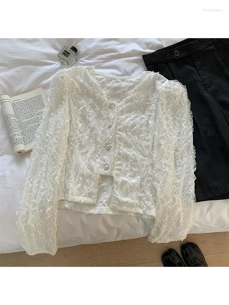 Women`s Blouses White Color Lace Patchwork Women Over-shirt 2023 Spring V-neck Slim Lady Puff Sleeve Shirt Vintage Pearl Button Design