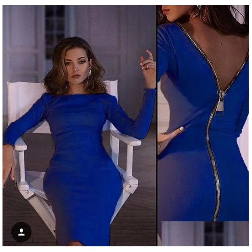 Basic & Casual Dresses Bodycon Sheath Dress Long Sleeve Party Y Women Clothing Back Fl Zipper Robe Pencil Tight Vestidos Drop Deliver Dh1Rv