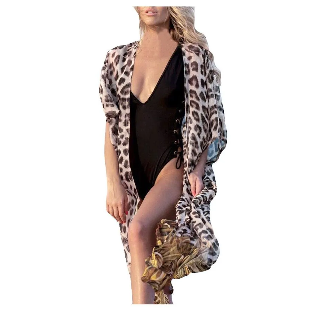 Women`S Swimwear Womens Beach Wear Bikini Er Up Leopard Print Chiffon Kimono Long Cardigan Blouse Shawl Tops Outwear Drop Delivery Ap Dhksq