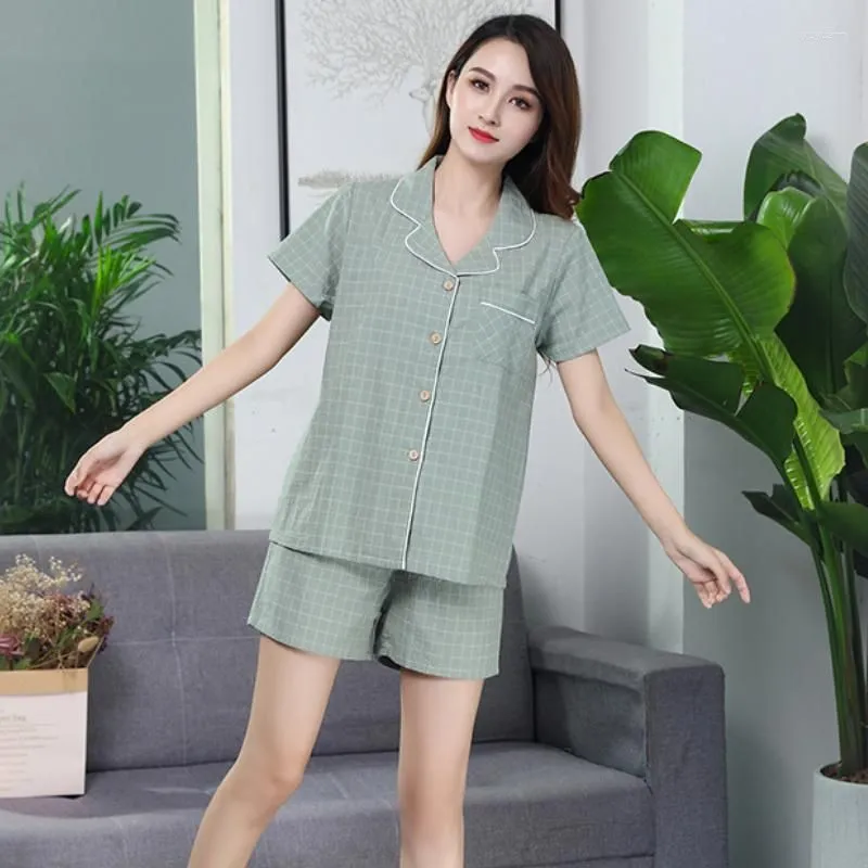 Women`s Sleepwear 2023 Summer Couple Pajamas Cotton Short Sleeve Shorts Men And Women Loose Home Suit Plaid Two Piece Plus Size