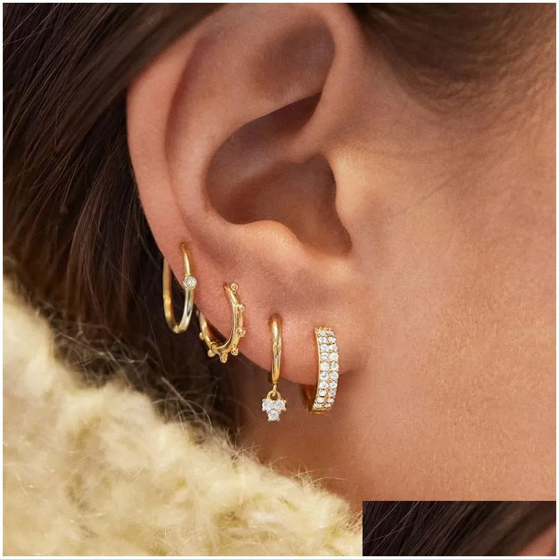 Hoop & Huggie 5Pair/Set 2021 Design Thin Small Circle Earrings For Women Fashion Cz Zircon Hie Beads Twisted Drop Delivery Jewelry Dhgyk